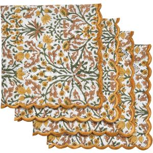 Ridhi Goldenrod Yellow Fern Green Hand Block Print Napkins 18" x 18" Set of 4 Reusable Cotton Dinner Napkins for Weddings, Parties & Everyday Dining, Thanksgiving, Christmas, Fall