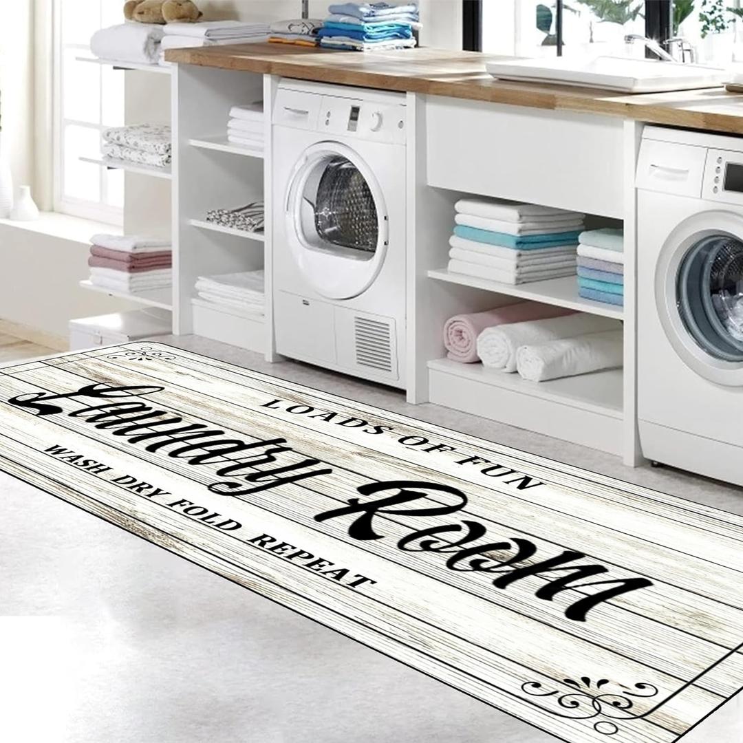 Laundry Room Rug Non Slip Floor mats Farmhouse Large Laundry Rugs for Laundry Room Mat Washer and Dryer Carpet Laundry Runner Room Decor 20x47inch(White)