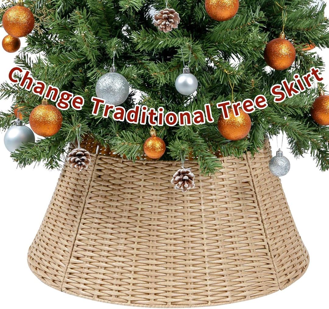 CubesLand Christmas Tree Collars, 22.83in Christmas Tree Skirt, Christmas Tree Decor, 4-Piece Handcrafted Plastics Wicker Christmas Tree Base Cover, Rustic Christmas Tree Ring, Fit 9-21in Stands, -Natural