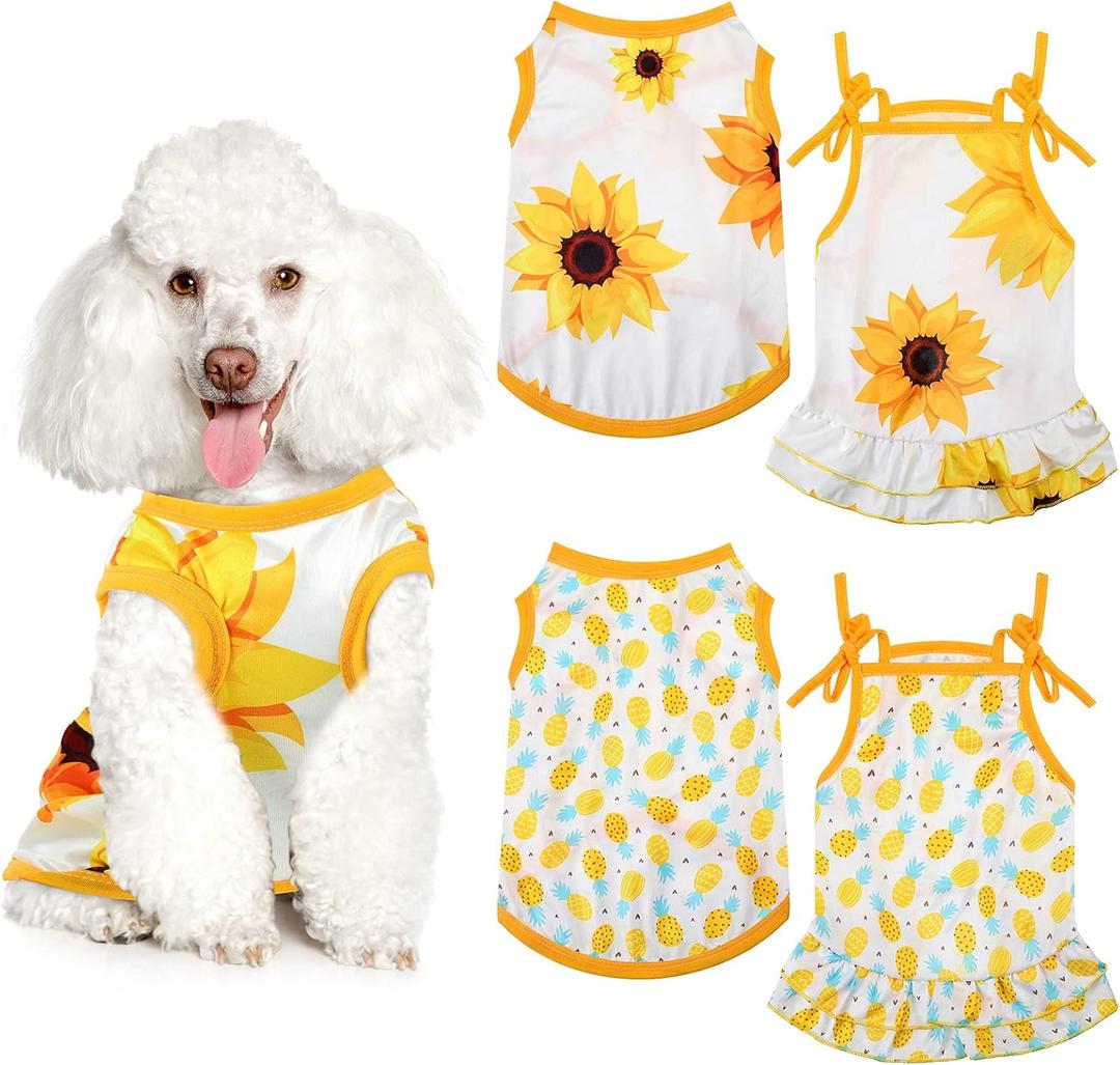Frienda 4 Pieces Dog Clothes Set Include 2 Pcs Cute Pet Dress Lovely Dog Dress and 2 Pcs Breathable Pet T Shirt Puppy Clothes(Pineapple, Sunflower,Medium)