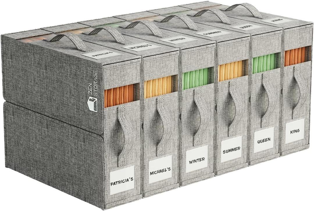 6Pack Sheet Organizers for Linen Closet - King/Queen Size Bedding Storage Boxes with Clear Window | Foldable, Dustproof Linen Organizer for Blankets & Sheet Sets,Grey
