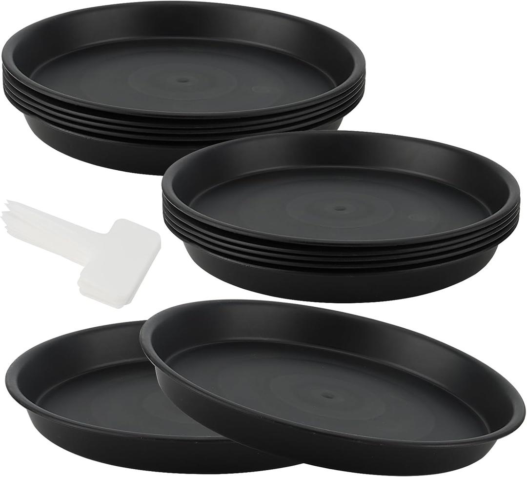 SOUJAP 12 Pcs 10 Inch Black Plant Saucer, Plastic Flower Plant Pot Trays with White Plant Labels, Round Plant Drip Tray for Indoor, Outdoor