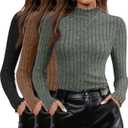 Oakgarden 3 Pack Women's Mock Neck Sweater Long Sleeve Ribbed Knit Slim Fitted Tops Lettuce Trim Lightweight Pullover Sweater(Army Green, Coffee Brown, Black, Large)
