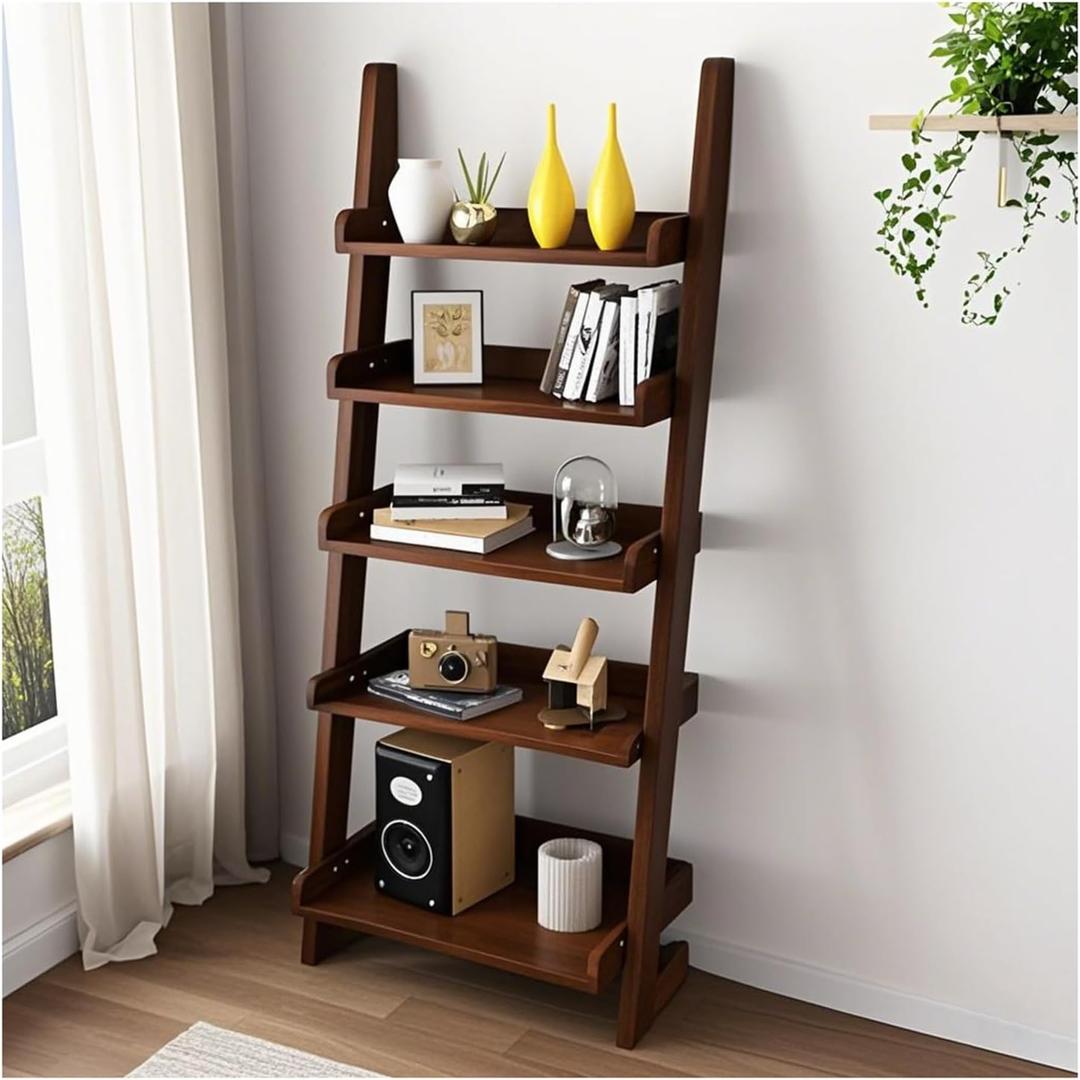 5-Tier Wooden Ladder Shelf Bookcase, H 55" Walnut Ladder Bookshelf Freestanding Storage Shelves Rack Organizer for Living Room, Home Office and Bedroom (23.7"x11.82"x55.12")