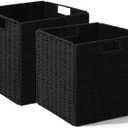 Set of 2 Hand-Woven Paper Rope Wicker Baskets, Storage Basket, Foldable Cube Storage Bins, Black Storage Cubes, Square Baskets for Organizing Shelves Decor, 12x12x12in