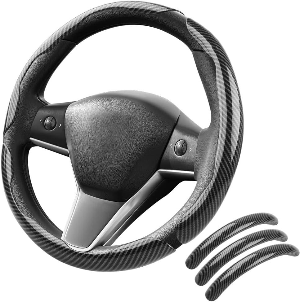 Carbon Fiber Steering Wheel Cover 3PCS, Non-Slip Grip for Universal Cars,Fit for 1416 Inch Wheels, Interior Accessories for Cars Trucks (Black)