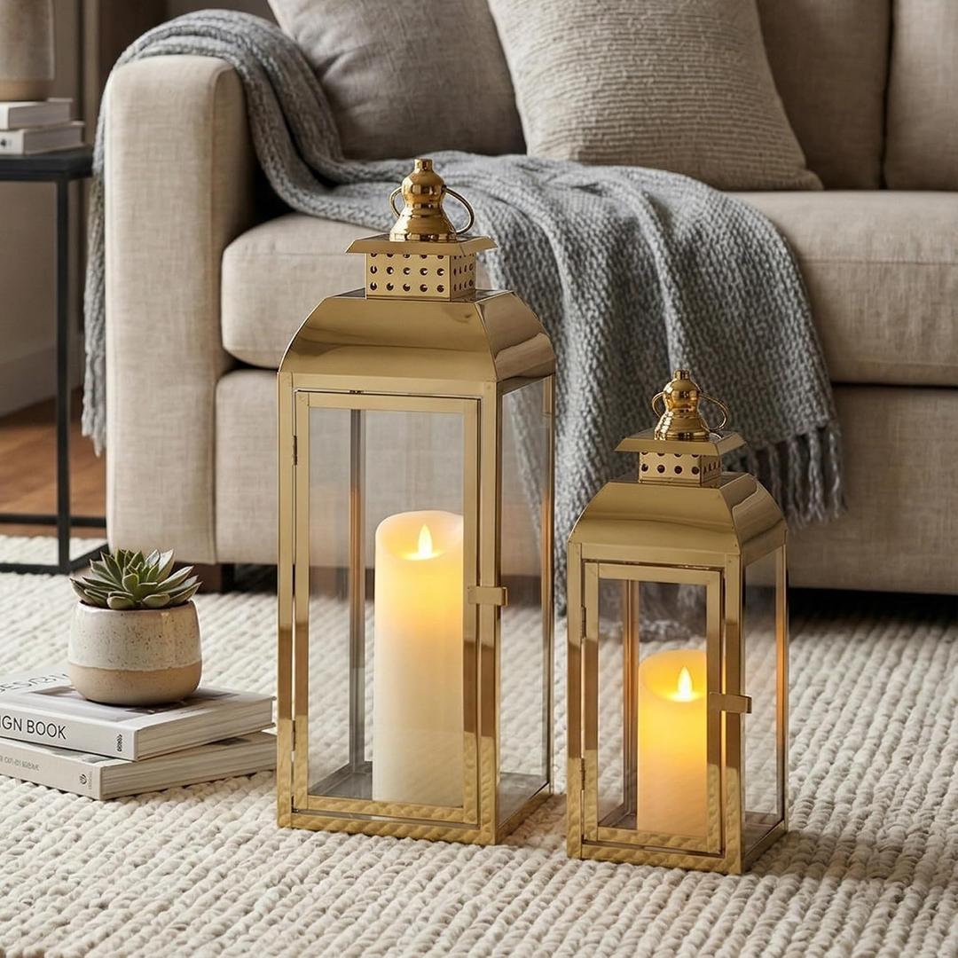 JHY DESIGN Set of 2 Stainless Steel Decorative Candle Lanterns 20.5"&15" High Metal Candle Lanterns for Indoor Outdoor Events Parities Weddings Vintage Style Hanging Lantern (Gold)