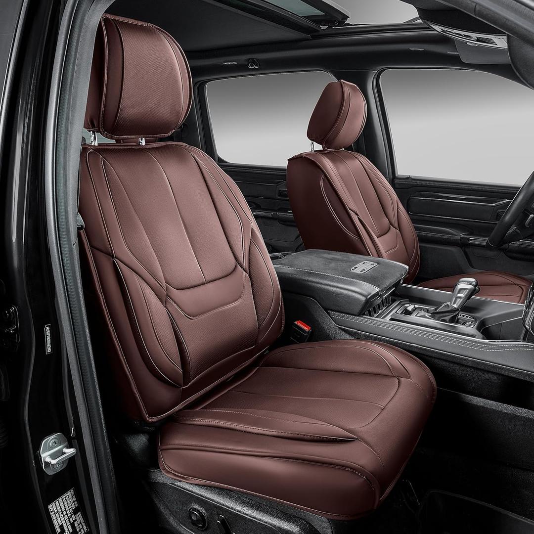 OASIS AUTO Custom Fit Seat Covers for 2019-2025 Ram 1500 with Curved Rear Seat, Waterproof Faux Leather Seat Protector (Full Set, Brown)