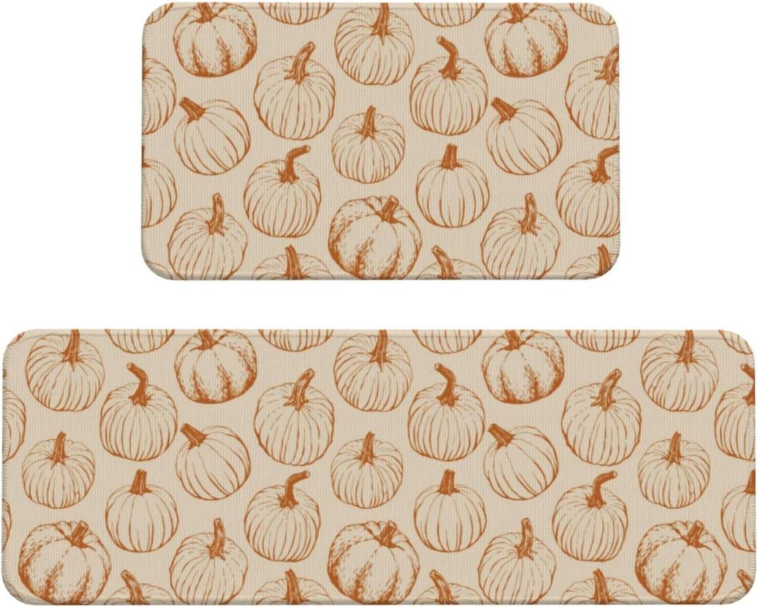 Fall Kitchen Mat Sets of 2 Burnt Orange Cream Pumpkin Autumn Kitchen Rugs for Floor Home Decor Thanksgiving Harvest Decoration Low-Profile Mats,17x29 and 17x47 Inch