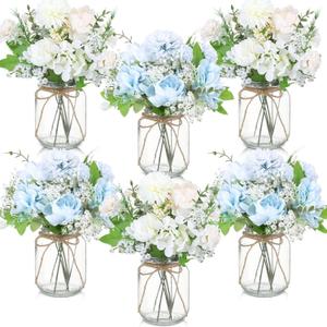 Zeyune 6 Sets Mason Jar Table Centerpiece with Hydrangea Artificial Flowers in Glass Vase Farmhouse Decorative Mason Jar Floral Arrangement for Coffee Table Wedding Living Room Home Decor(Blue, White)