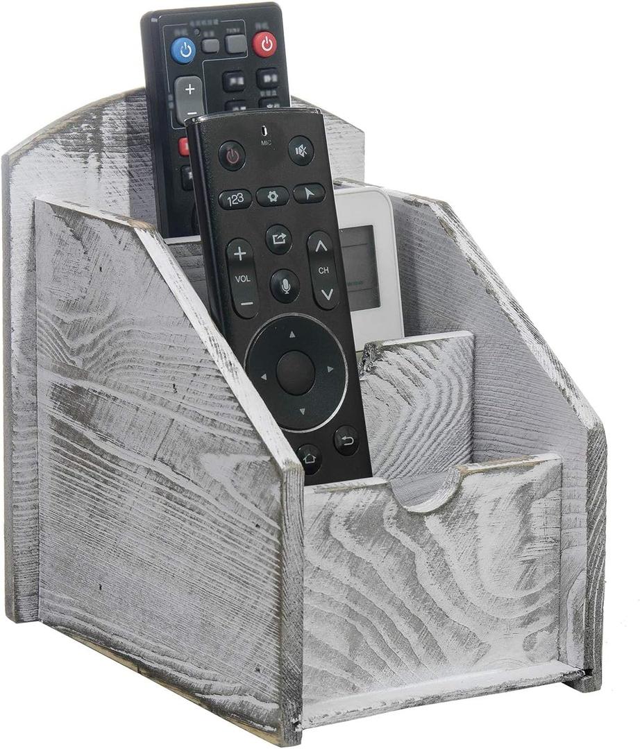 3 Slot Rustic Wooden Remote Control Frame Media Organizer, Office Supply Storage Rack,Pen storage box (Grey)