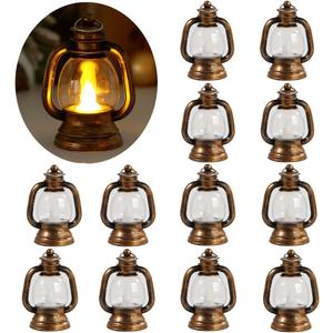 12 Pcs Mini Lanterns Decorative with LED Candle for Western Cowboy Xmas Home Decor Small Hanging Lantern Ornaments Camping Table Centerpiece Vintage Lantern Ornament (Gold)