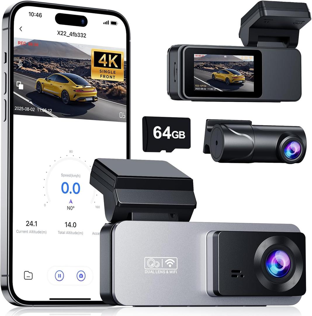 Eassky Dash Cam Front and Rear, 4K Front Dash Cam, 3K+1080P Dual Dash Camera for Cars, Built-in WiFi, Car Dashcams with Night Vision, Free 64GB Card, 24H Parking Mode, App Control, Silvery