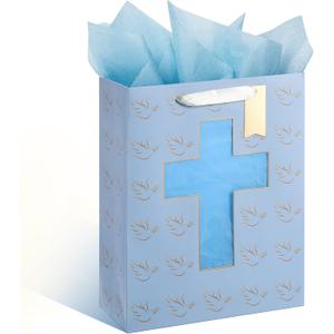 Sawnfay Blue Gift Bag - 10" x 5" x 13", with Cross Cut Window & Tissue Paper, Perfect for Baptism, First Communion, Confirmation, Christening & Religious Events for Boys & Teens