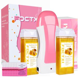 FOCTXI Roll On Waxing Kit for Sensitive Skin  Hair Removal with 2 Honey Soft Wax Cartridges and 100 NonWoven Wax Strips, 10 Wipes