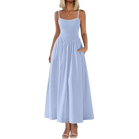 PRETTYGARDEN Women's Smocked Maxi Dresses Summer Beach Sundress Casual Spaghetti Strap Swing A Line Long Flowy Dress, Medium