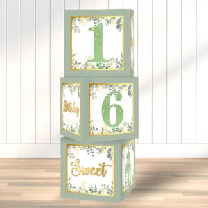 Sweet 16 Party Decorations Boxes - 3Pcs Sage Green and Gold 16th Birthday Decorations Balloons Boxes for Girls Women Sweet Sixteen Party Cardboard Box Decor, 16th Birthday Party Supplies