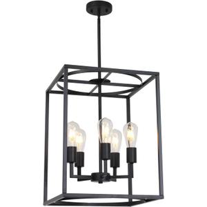 BONLICHT 5 Light Large Farmhouse Chandelier Rustic Dining Room Lighting Fixtures Hanging,Black Foyer Square Cage Pendant Lighting Vintage Industrial Kitchen Island Ceiling Lamp with Metal Art Shade