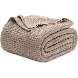 Bedsure 100% Cotton Blanket King Size for Bed - Breathable and Soft, Waffle Weave Blanket for Summer Spring, Tan, 104x90 inches