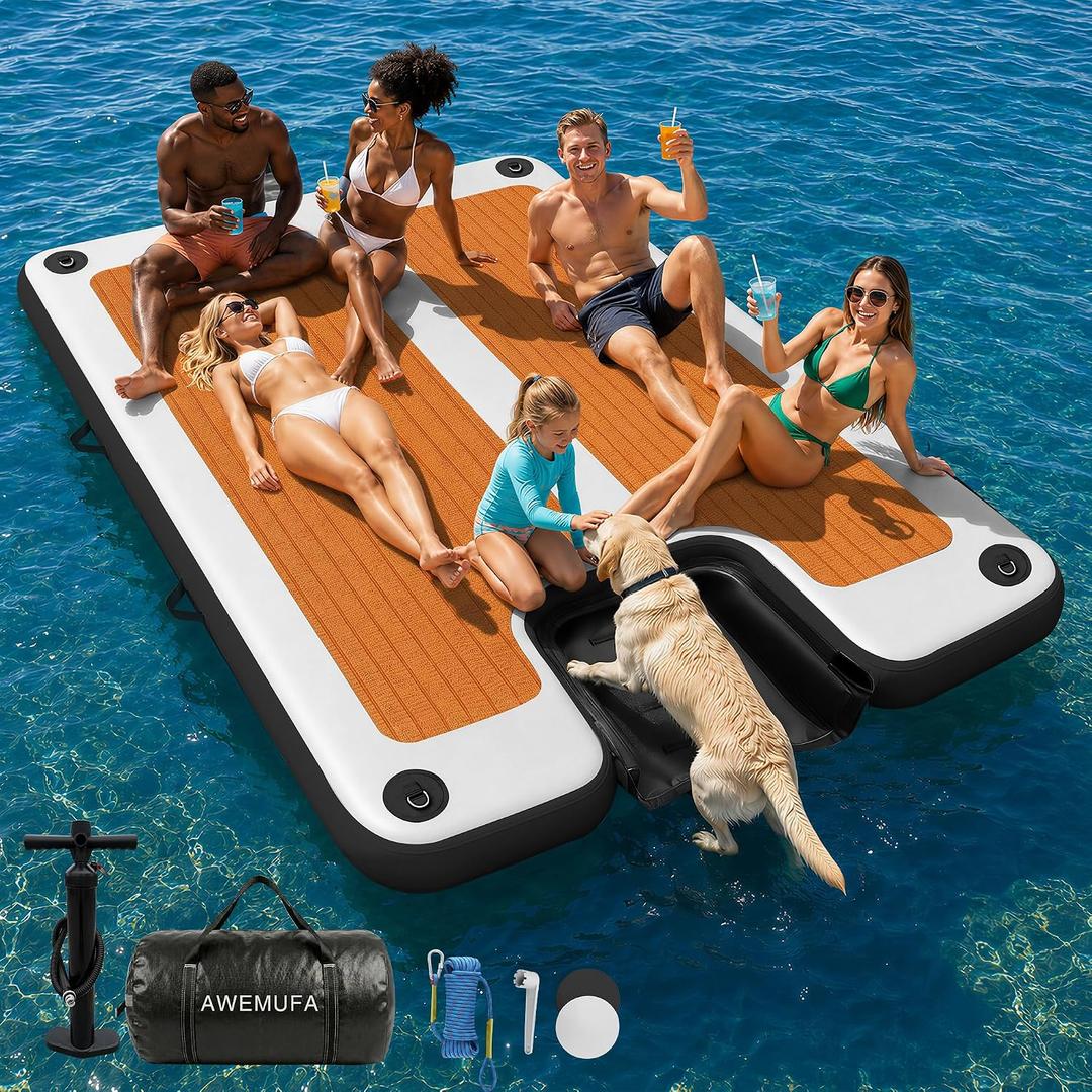 AWEMUFA 10ft x 6ft Inflatable Floating Dock with Ramp, Floating Platform Island Mat Boat Float, Large Rafts Floaties for Adult Pool Ocean Beach Lake Boat Parties
