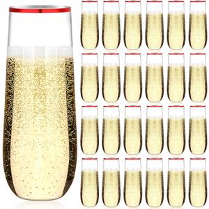 Norme 24 Pcs 9 oz Plastic Champagne Flutes Stemless Plastic Champagne Glasses Shatterproof Mimosa Glasses Rim Wedding Toasting Flutes Unbreakable Disposable Clear Champagne Cups for Party (Red)