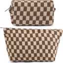 SOIDRAM 2 Pieces Makeup Bag Large Checkered Cosmetic Bag Capacity Canvas Mix Travel Toiletry Bag Organizer Cute Makeup Brushes Aesthetic Accessories Storage Bag for Women, Checkered Mix Brown