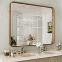 LOAAO 40X36 Inch Bathroom Mirror with Wood Grain Colored Metal Frame, Rounded Rectangle Metal Framed Bathroom Mirror, Anti-Rust, Hangs Horizontally or Vertically, Tempered Glass