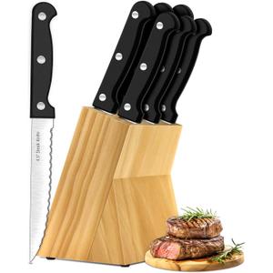 Steak Knives, 7 Pieces Steak Knife Set with Block, High Carbon Stainless Steel, Serrated Silverware Set, Black