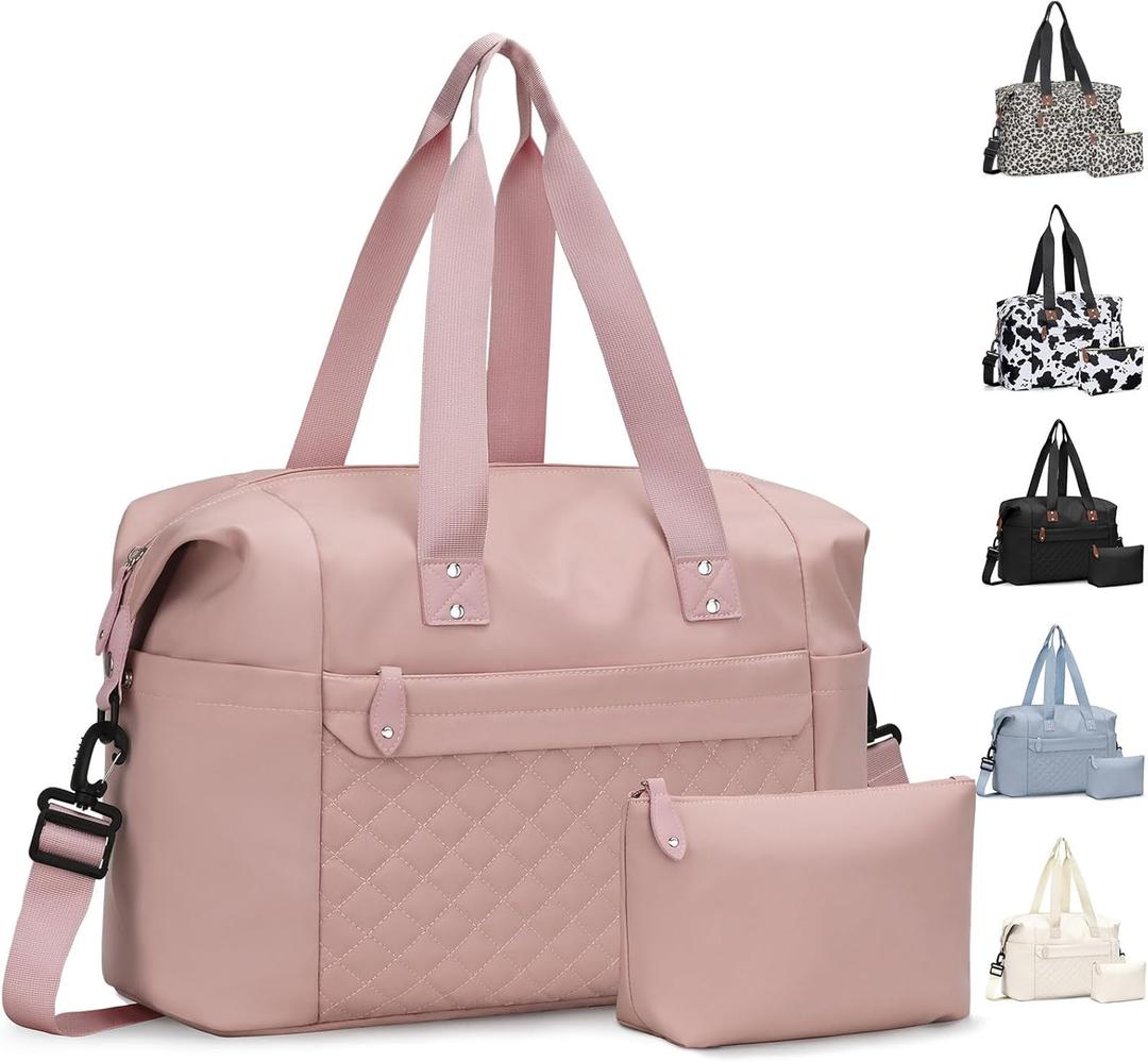 Pritent Travel Duffle Bag, Waterproof Weekender Overnight Hospital Bags for Women Men with Toiletry Bag Lightweight Carry on Personal Item Duffle Gym Bag for Travel, Airplanes, Sports, Pink (Large)