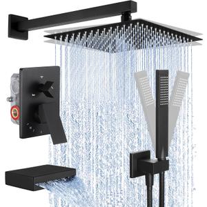 KES Black Shower Faucet Set Complete, 12 Inch Rainfall Shower Head with Handheld Spray, Waterfall Tub Spout Bathtub Faucet, Shower System, Regaderas Modernas Para Ducha, XB6305F18S12-BK