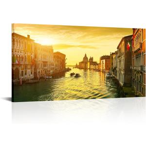 KLVOS Italy Canvas Wall Art Venice Sunset Landscape Grand Canal at Dusk Pictures Painting Modern Cityscape Artwork Home Office Living Room Bedroom Decor Framed Ready to Hang