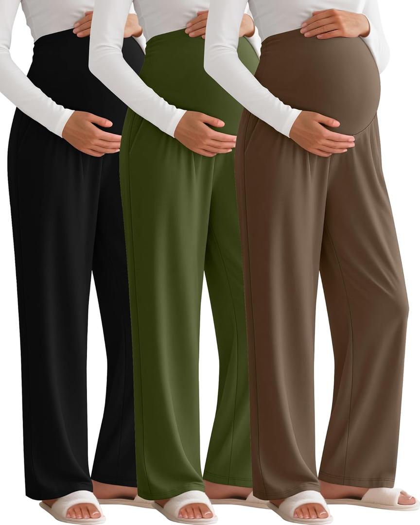 3 Pack Women's Maternity Pants Over The Belly Pregnancy Pants Stretchy Loose Wide Leg Lounge Pajama with Pockets (Medium, Black, Army Green, Coffee)