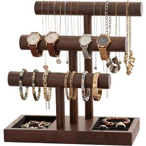 Kigeli Wooden Bracelet Holder Stand, Bracelet Display with 3 Tier, T-bar Bangle Storage Organizer Showing Bracelets Necklaces and Watches Rings for Home Vendors Craft Shows and Store
