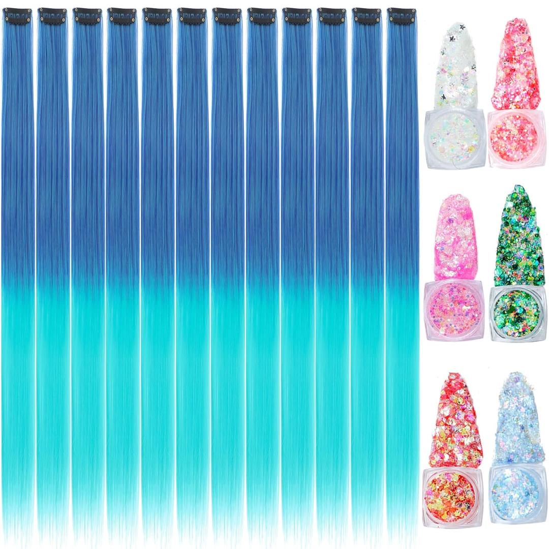 Colored Hair Extensions, 22 Inch Straight Clip in Hair Extension Body Face Hair Glitter Multi Color Rainbow Pink Red Hairpiece Extensions for Kids Girls Women (Glitter+Ombre Royal Blue Aquamarine)