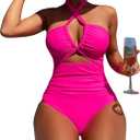 SOLY HUX Women's One Piece Swimsuit Criss Cross Halter Cut Out Ruched Monokini Bathing Suit Solid HotPink, X-Large