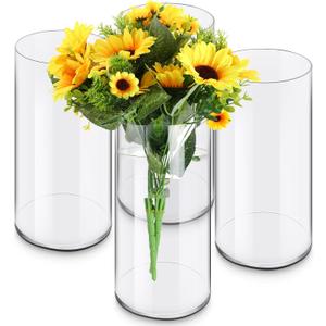 Qunclay 4 Pcs Acrylic Flower Vase Plastic Cylinder Vase for Centerpiece Decorative Clear Acrylic Cylinder Containers Break Resistant Round for Home Party Table Deco(5 x 10 Inch)