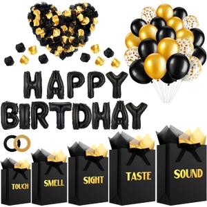 Ctosree 5 Senses Gift Bags for Her Him Black and Gold Birthday Decorations Kit Includes Five Senses Gift Bags, Happy Birthday Balloons, Tissue Paper and Petals for Anniversary Wedding Party Favors