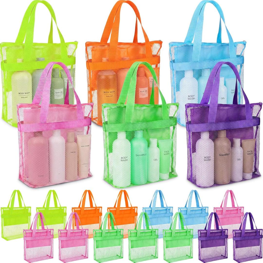 20 Pcs Mesh Shower Caddy Bags Portable Mesh Beach Bags Bulk with Zipper & 2 Pockets Hanging Toiletry and Bath Organizer for Gym Swimming Travel Camping College Dorms Beach (Fluorescent Color)