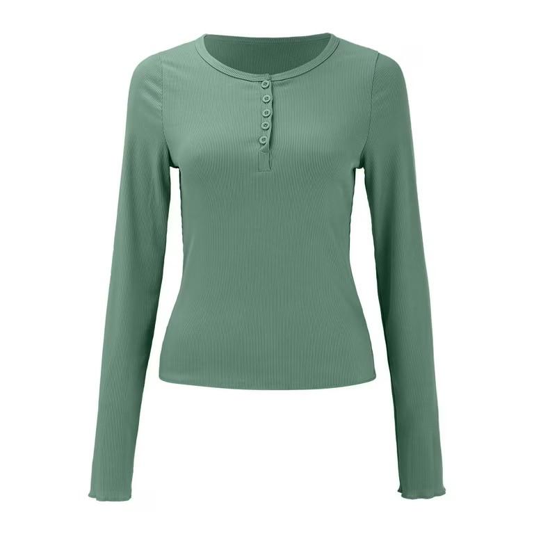 Afibi Women Long Sleeve Tops Scoop Neck Low Cut Slim Fitted Henley Shirt Ribbed Basic Tee Shirts Tops XS Green