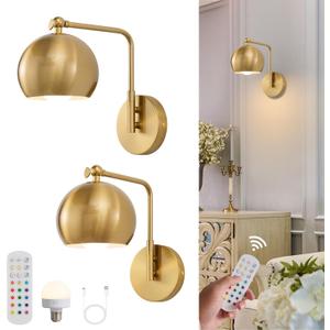 Gold Battery Operated Wall Sconces Set of 2, Rechargeable Cordless Wall Light Fixture with Remote, Dimmable Wireless Battery Powered Wall Decor Lighting Lamp for Bedroom Living Room