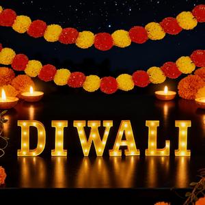 7 Pcs Diwali Light Letters with Artificial Marigold Flowers String Letters Diwali Battery Powered Sign Diwali Decor for Indian Home Table Decoration