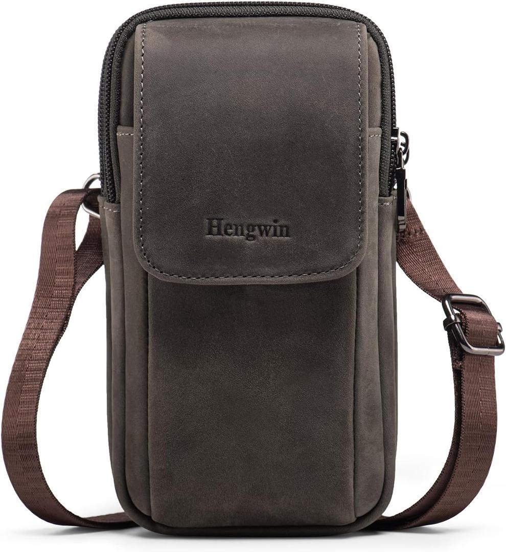 Hengwin Leather Men Cell Phone Holster Wallet Case with Belt Clip Travel Messenger Bag Waist Pouch Crossbody Purse Fit for iPhone 16 Pro Max 15 Pro Max 14 Pro Max Samsung Galaxy S25 Ultra S24+ (Grey)