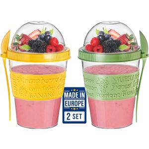 Yogurt Parfait Cups for Breakfast, Oatmeal or Fruit Container, Snack Bowl and Spoon for Lunch Box, Portable & Reusable, 2 PCs (Green & Yellow)