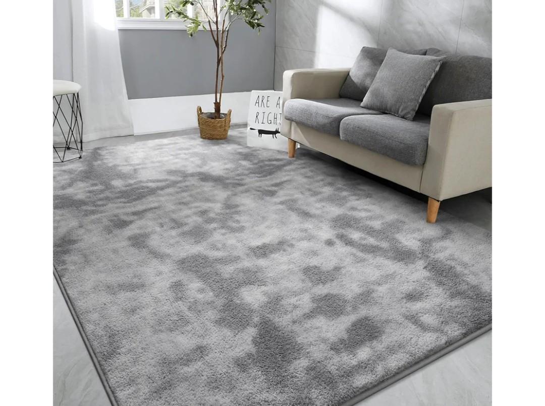 Hutha Large Area Rug, 6x9 Tie-Dyed Light Grey Fluffy Shag Rugs for Living Room Bedroom, Modern Aesthetic Super Soft Anti-Skid Indoor Carpet for Nursery Kids Room Home Decor