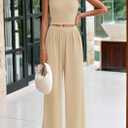 PRETTYGARDEN Spring Two Piece Sets For Women 2025 Ribbed Knit Crew Neck Sleeveless Tank Tops Wide Leg Pants Casual Lounge Set (S)