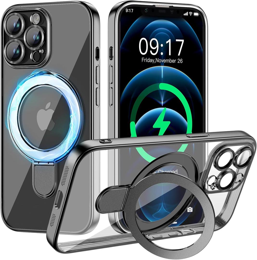 Magnetic for iPhone 12 Pro Case with Invisible Stand[Compatible with MagSafe][Full Camera Lens Protector][Military Drop Protection] Shockproof Not Yellowing Clear Slim Soft for Women Men Gray