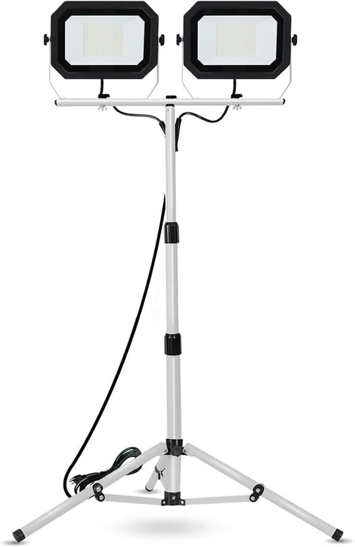 UFOND 20000 Lumen Work Lights with Stand, 200W Dual Head LED Work Light, Waterproof Lamp with Individual Switch, Adjustable Metal Telescoping Tripod 10Ft Power Cord