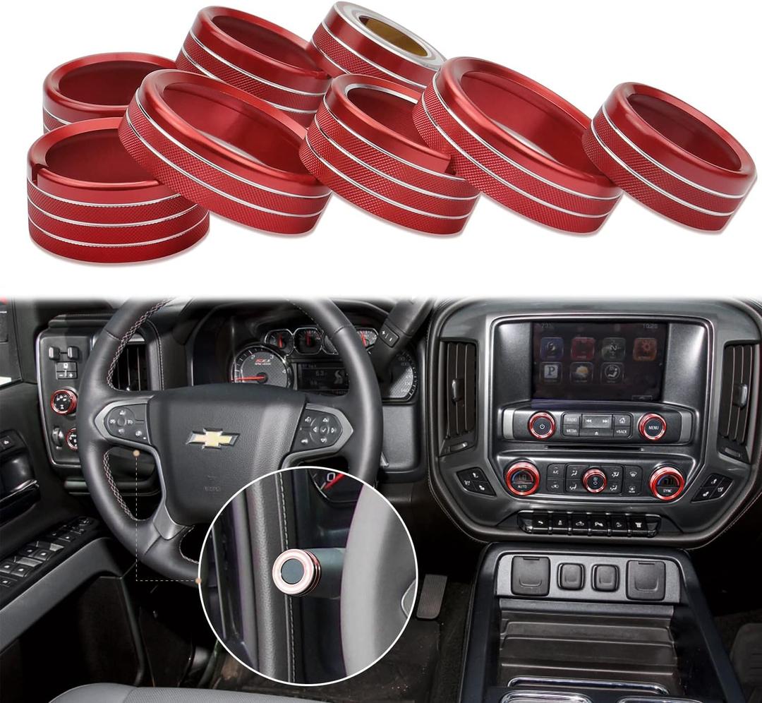 Radio Fan Climate Auto Menu Knob Control Button Trim Center Console Knob Cover Decor Fit for 2014-2018 Chevy Silverado & GMC Sierra Accessories 8pcs(Red)