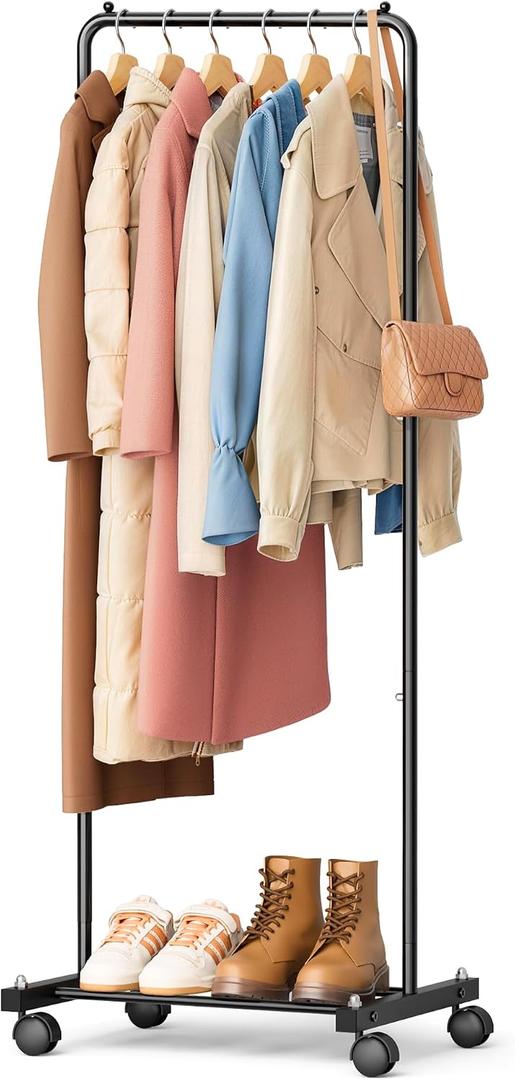 KIMBORA Small Clothing Rack with Wheels, Portable Clothes Racks for Hanging Clothes, 56" Metal Rolling Garment Rack for Coats, Jackets, and Shirts, Black