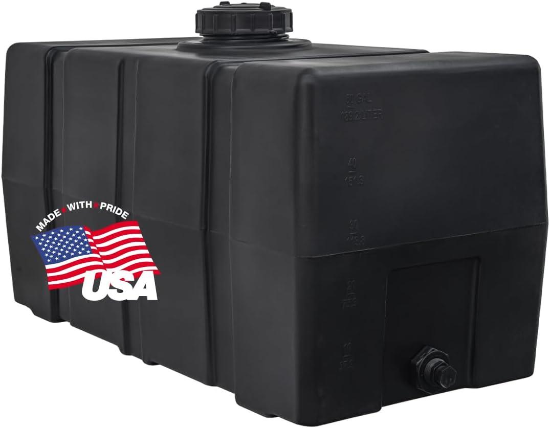 RomoTech 82123915 50 Gallon Water Tank - Horizontal Square, Poly Tank for Non-Flammable Liquids, UV-Resistant Storage with Molded Gallon/Liter Marks, 3/4" NPT Outlet, Made in USA, Black